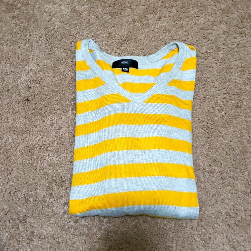 Mossimo V-neck yellow/light gray strip sweater. That you cannot find these days.